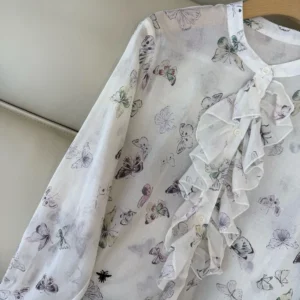 Dior Women Blouse with Ruffled Neckline Beige Cotton Muslin with Multicolor Butterfly Motif