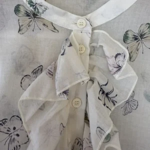 Dior Women Blouse with Ruffled Neckline Beige Cotton Muslin with Multicolor Butterfly Motif