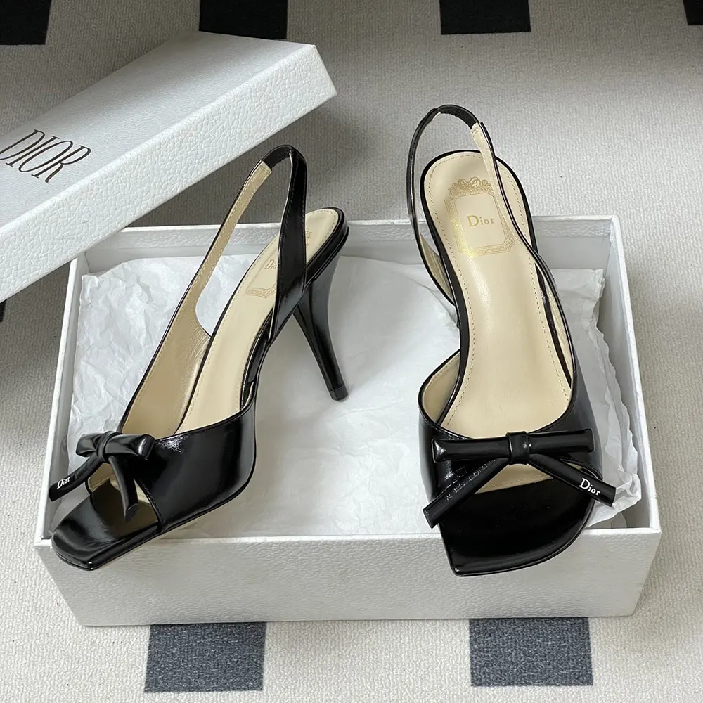 Dior Women Bow Heeled Slingback Sandal Black Lambskin KCO632LAB 5 Dior Women Bow Heeled Slingback Sandal Black Lambskin KCO632LAB