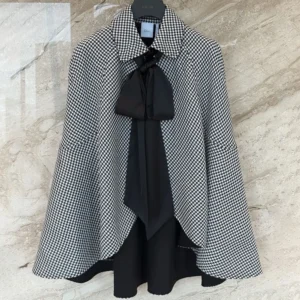 Dior Women Cape with Tied Neckline Black and White Houndstooth Silk-Virgin-Wool Blend