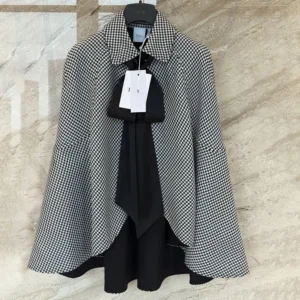 Dior Women Cape with Tied Neckline Black and White Houndstooth Silk-Virgin-Wool Blend