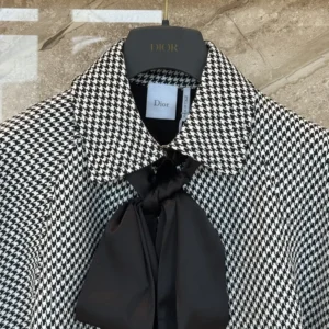 Dior Women Cape with Tied Neckline Black and White Houndstooth Silk-Virgin-Wool Blend