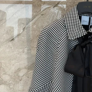 Dior Women Cape with Tied Neckline Black and White Houndstooth Silk-Virgin-Wool Blend