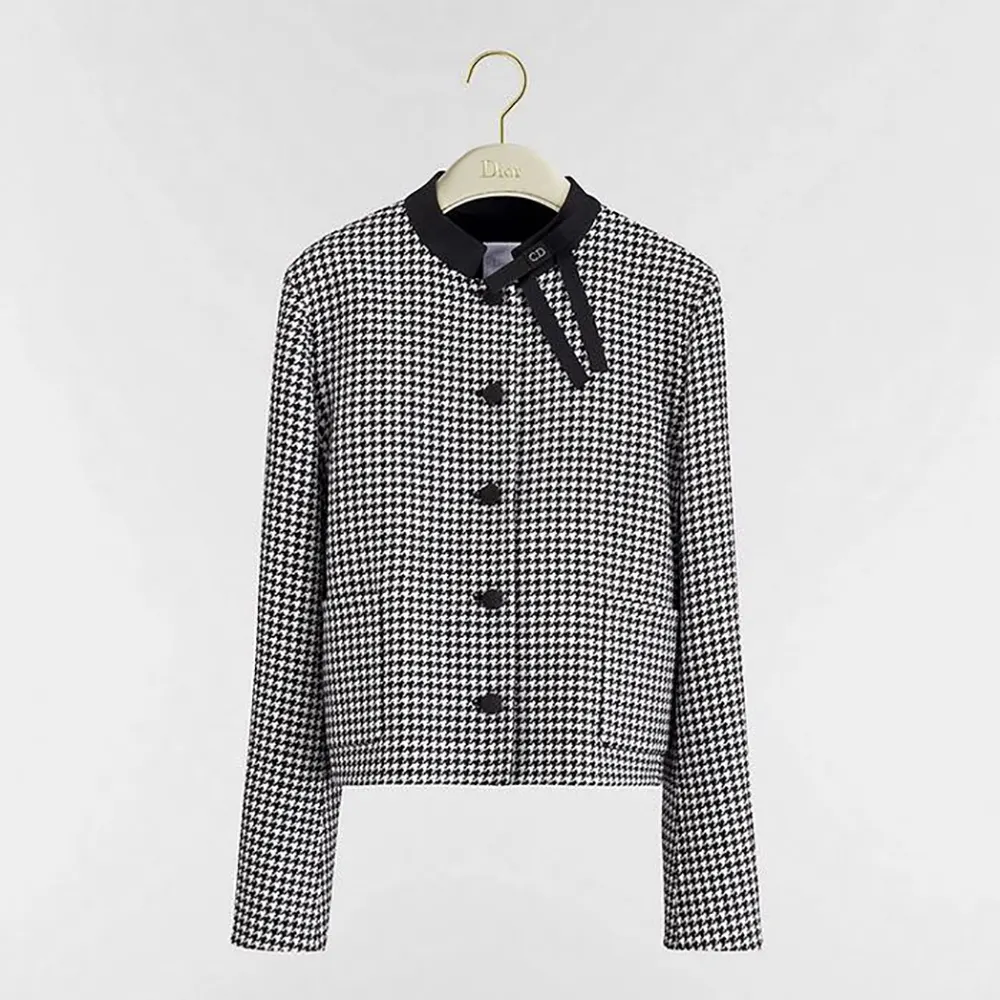 Dior Women Cropped Jacket Black and White Houndstooth Virgin Wool Blend
