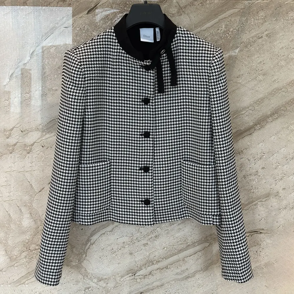 Dior Women Cropped Jacket Black and White Houndstooth Virgin Wool Blend