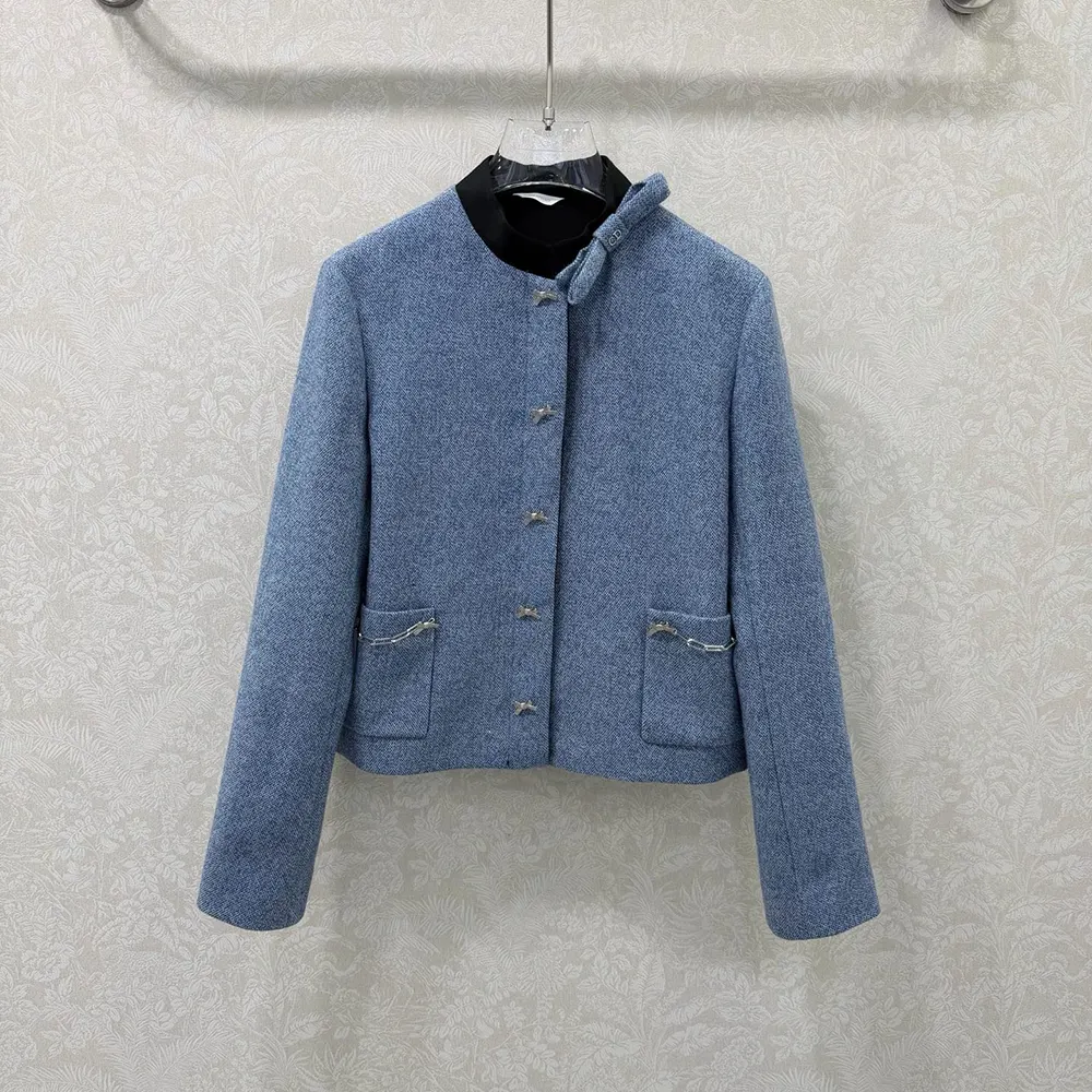 Dior Women Cropped Jacket Blue Virgin Wool Tweed 621V12A1186