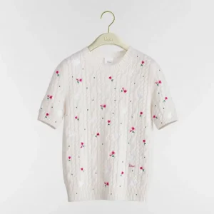 Dior Women Dioramour Embroidered Short-Sleeved Sweater Ecru Cashmere Cable-Knit