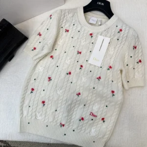 Dior Women Dioramour Embroidered Short-Sleeved Sweater Ecru Cashmere Cable-Knit
