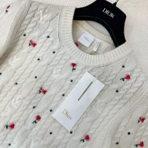 Dior Women Dioramour Embroidered Short-Sleeved Sweater Ecru Cashmere Cable-Knit