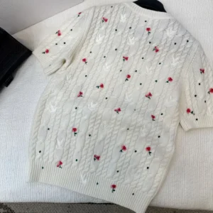 Dior Women Dioramour Embroidered Short-Sleeved Sweater Ecru Cashmere Cable-Knit
