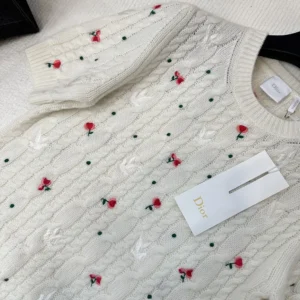 Dior Women Dioramour Embroidered Short-Sleeved Sweater Ecru Cashmere Cable-Knit