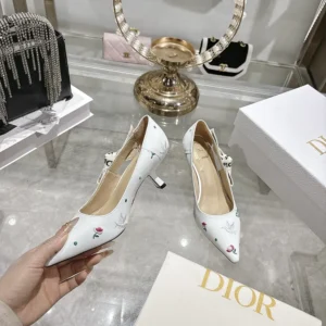 Dior Women Dioramour J'Adior Pump White Lambskin Embroidered with Multicolor Doves & Roses Motif