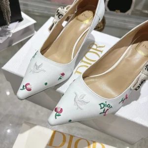 Dior Women Dioramour J'Adior Pump White Lambskin Embroidered with Multicolor Doves & Roses Motif