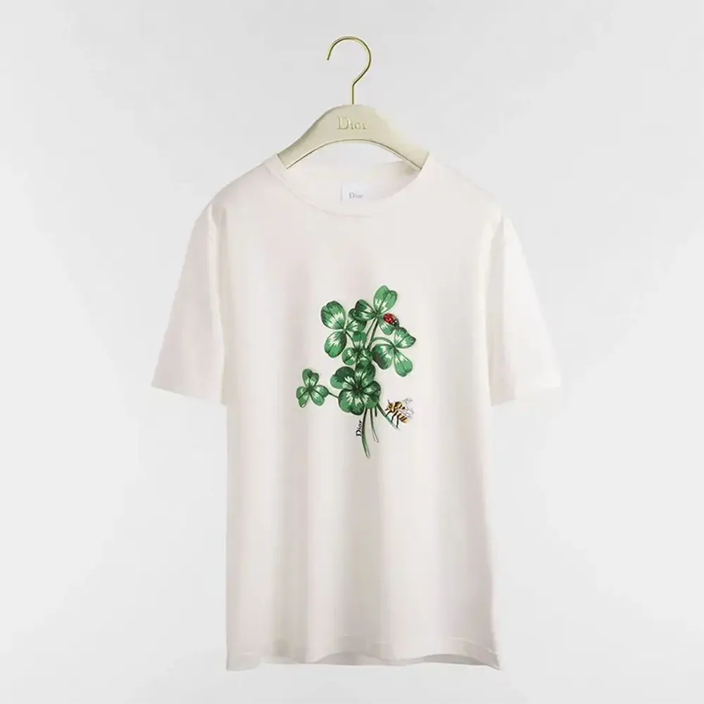 Dior Women Fitted T-Shirt White Cotton Jersey with Green Dior Clover Motif 623T13A4276