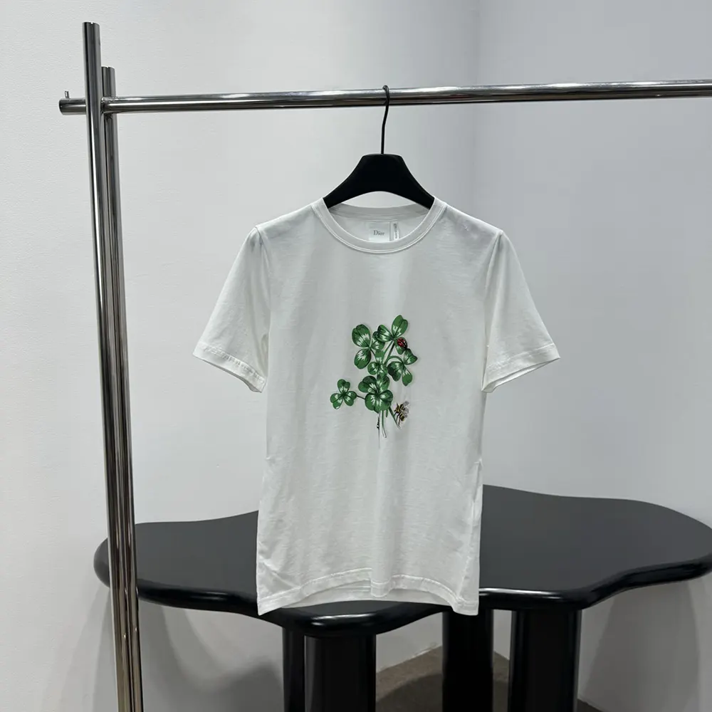 Dior Women Fitted T-Shirt White Cotton Jersey with Green Dior Clover Motif 623T13A4276