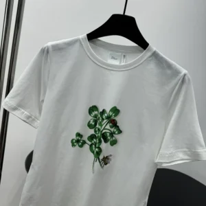 Dior Women Fitted T-Shirt White Cotton Jersey with Green Dior Clover Motif 623T13A4276