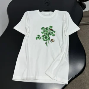 Dior Women Fitted T-Shirt White Cotton Jersey with Green Dior Clover Motif 623T13A4276
