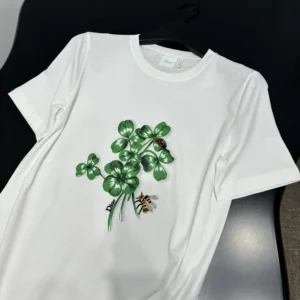 Dior Women Fitted T-Shirt White Cotton Jersey with Green Dior Clover Motif 623T13A4276