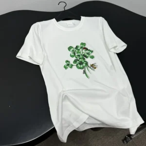 Dior Women Fitted T-Shirt White Cotton Jersey with Green Dior Clover Motif 623T13A4276