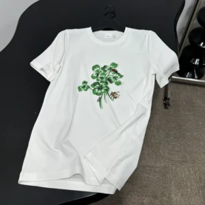 Dior Women Fitted T-Shirt White Cotton Jersey with Green Dior Clover Motif 623T13A4276