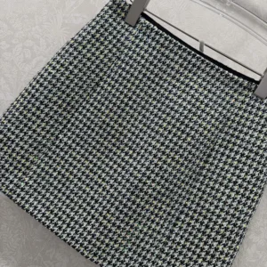 Dior Women Flared Miniskirt Black and White Houndstooth Virgin Wool Blend with Multicolor Sequins