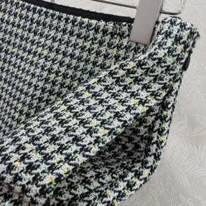 Dior Women Flared Miniskirt Black and White Houndstooth Virgin Wool Blend with Multicolor Sequins