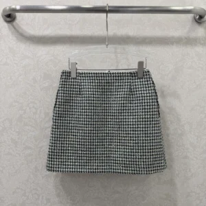 Dior Women Flared Miniskirt Black and White Houndstooth Virgin Wool Blend with Multicolor Sequins