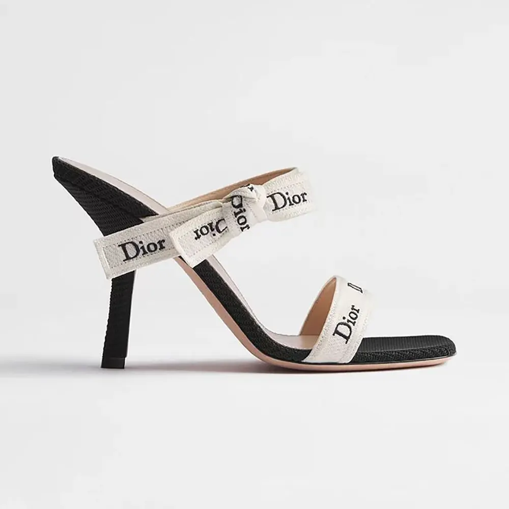 Dior Women Heeled Sandal with J’Adior Straps Black Embroidered Cotton KCO538NVA 1 Dior Women Heeled Sandal with J’Adior Straps Black Embroidered Cotton KCO538NVA