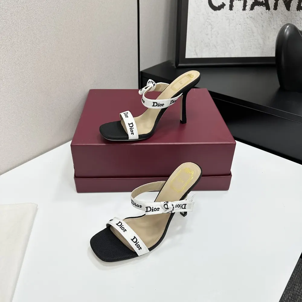 Dior Women Heeled Sandal with J’Adior Straps Black Embroidered Cotton KCO538NVA 3 Dior Women Heeled Sandal with J’Adior Straps Black Embroidered Cotton KCO538NVA
