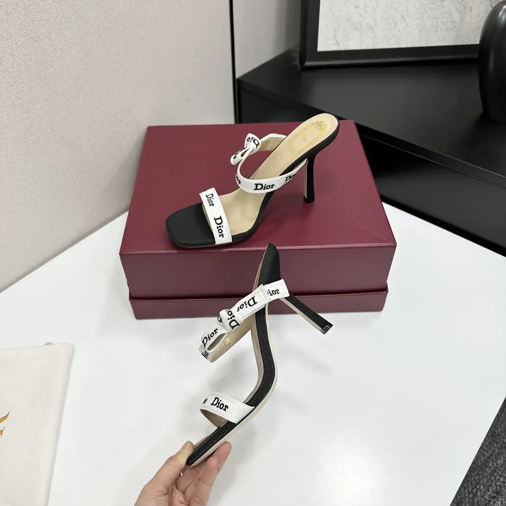 Dior Women Heeled Sandal with J’Adior Straps Black Embroidered Cotton KCO538NVA 5 Dior Women Heeled Sandal with J’Adior Straps Black Embroidered Cotton KCO538NVA