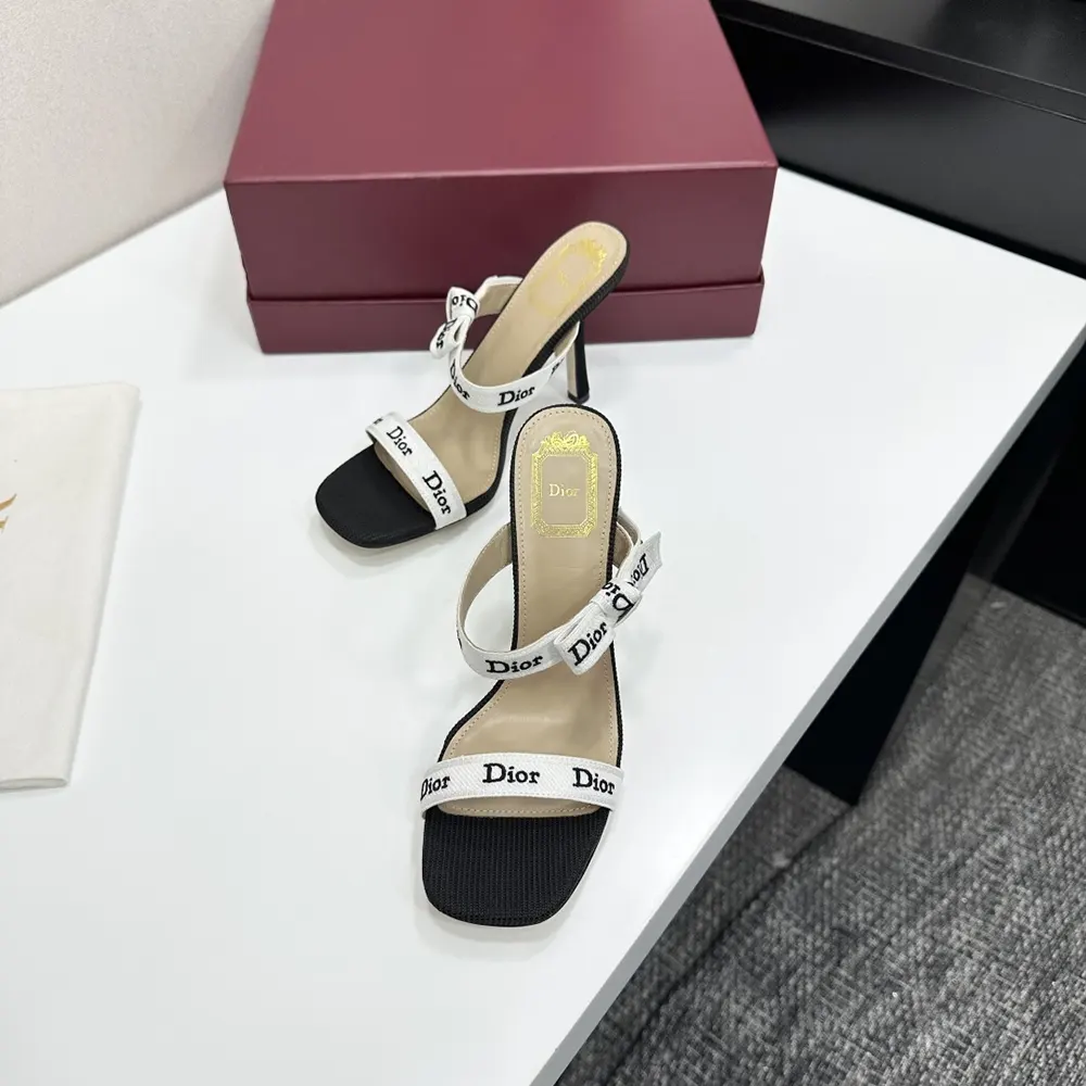 Dior Women Heeled Sandal with J’Adior Straps Black Embroidered Cotton KCO538NVA 2 Dior Women Heeled Sandal with J’Adior Straps Black Embroidered Cotton KCO538NVA