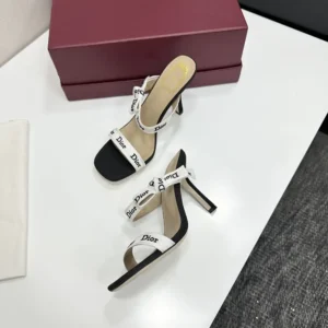 Dior Women Heeled Sandal with J’Adior Straps Black Embroidered Cotton KCO538NVA