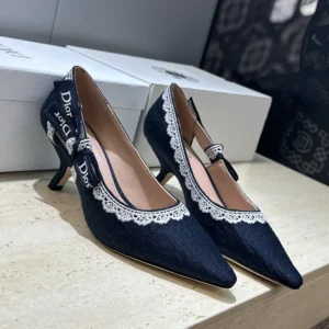 Dior Women J'Adior Pump Blue Dior Oblique Embroidered Cotton and White Lace