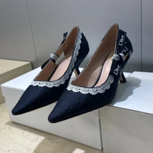 Dior Women J'Adior Pump Blue Dior Oblique Embroidered Cotton and White Lace