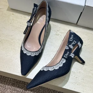 Dior Women J'Adior Pump Blue Dior Oblique Embroidered Cotton and White Lace