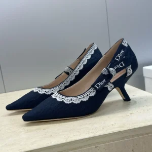 Dior Women J'Adior Pump Blue Dior Oblique Embroidered Cotton and White Lace
