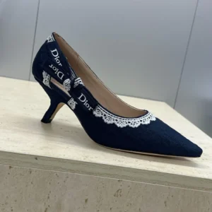 Dior Women J'Adior Pump Blue Dior Oblique Embroidered Cotton and White Lace