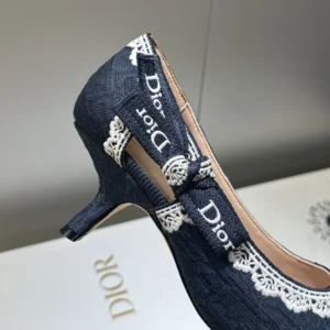 Dior Women J'Adior Pump Blue Dior Oblique Embroidered Cotton and White Lace