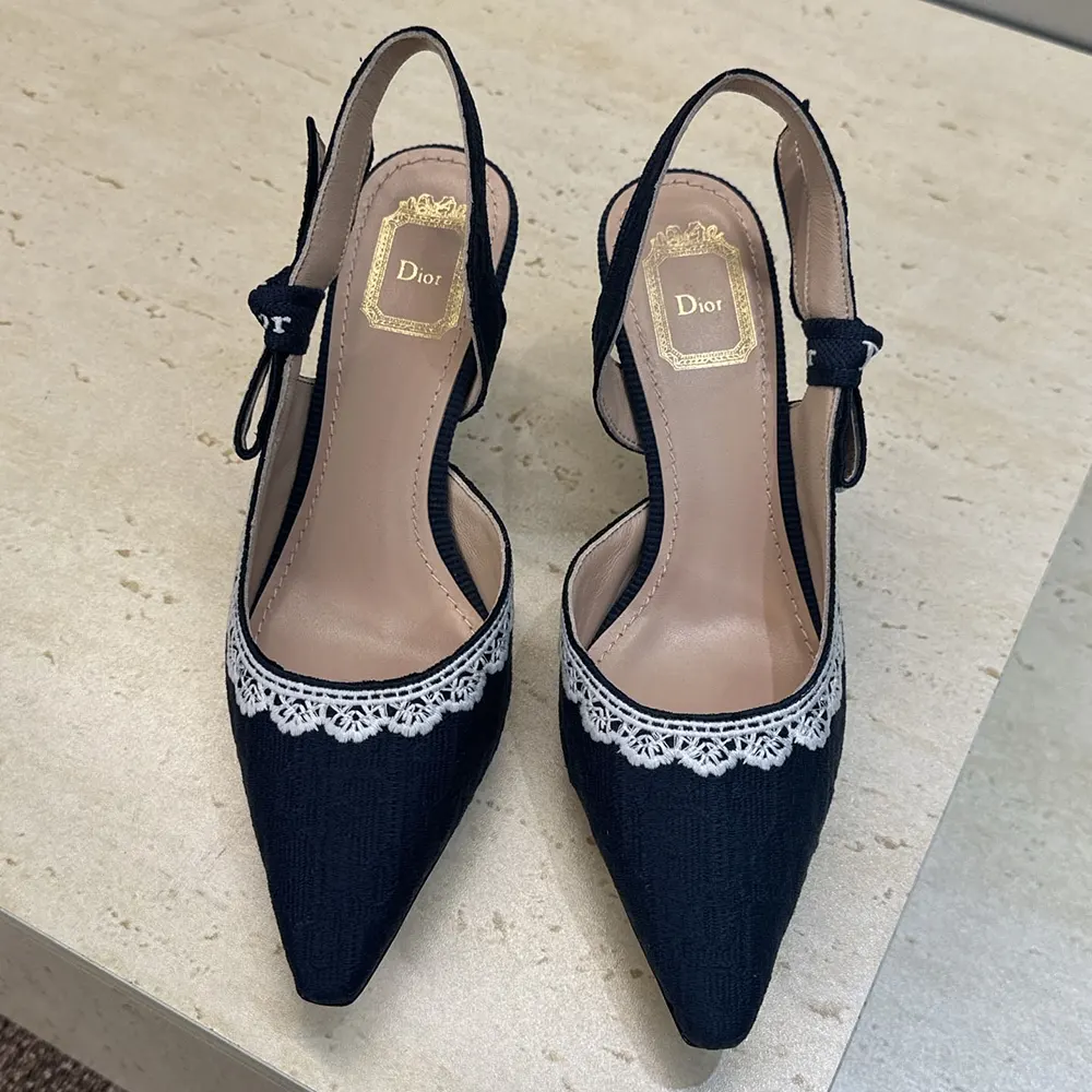Dior Women J'Adior Slingback Pump Blue Dior Oblique Embroidered Cotton and White Lace 4 Dior Women J'Adior Slingback Pump Blue Dior Oblique Embroidered Cotton and White Lace