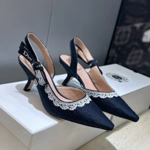 Dior Women J'Adior Slingback Pump Blue Dior Oblique Embroidered Cotton and White Lace