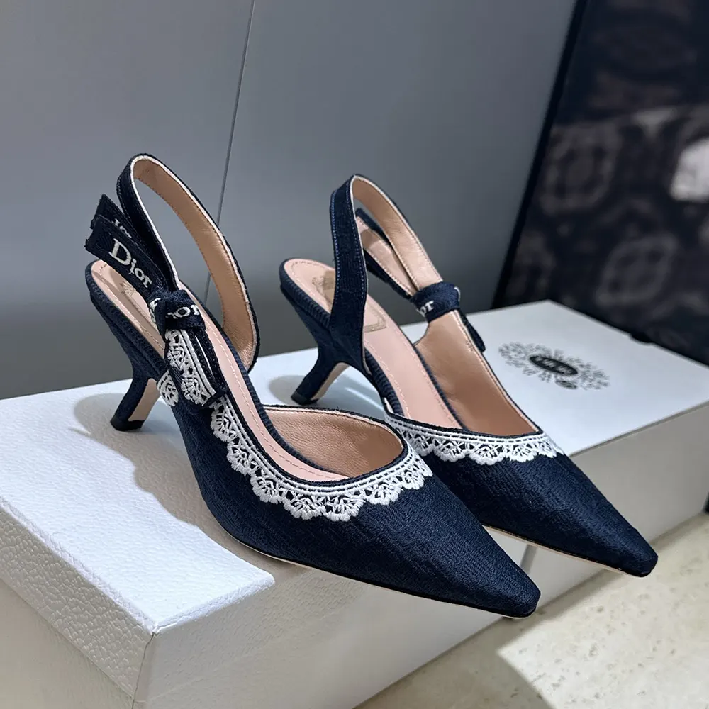 Dior Women J'Adior Slingback Pump Blue Dior Oblique Embroidered Cotton and White Lace 2 Dior Women J'Adior Slingback Pump Blue Dior Oblique Embroidered Cotton and White Lace