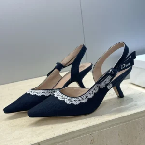 Dior Women J'Adior Slingback Pump Blue Dior Oblique Embroidered Cotton and White Lace