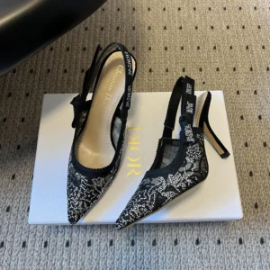 Dior Women J’Adior Slingback Pump Transparent Mesh Embroidered with Black Millefiori Motif
