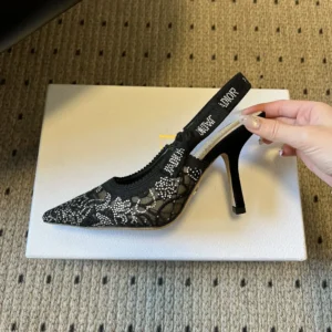 Dior Women J’Adior Slingback Pump Transparent Mesh Embroidered with Black Millefiori Motif