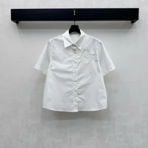 Dior Women Médaillon Embroidered Short-Sleeved Blouse White Cotton Poplin