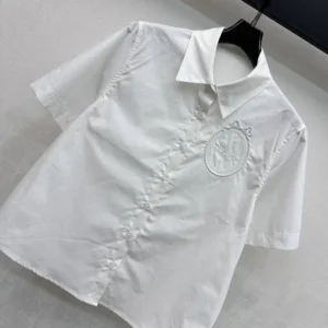 Dior Women Médaillon Embroidered Short-Sleeved Blouse White Cotton Poplin