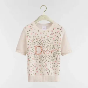 Dior Women Short-Sleeved Embroidered Sweater Multicolor Daisy Garden Cashmere Knit