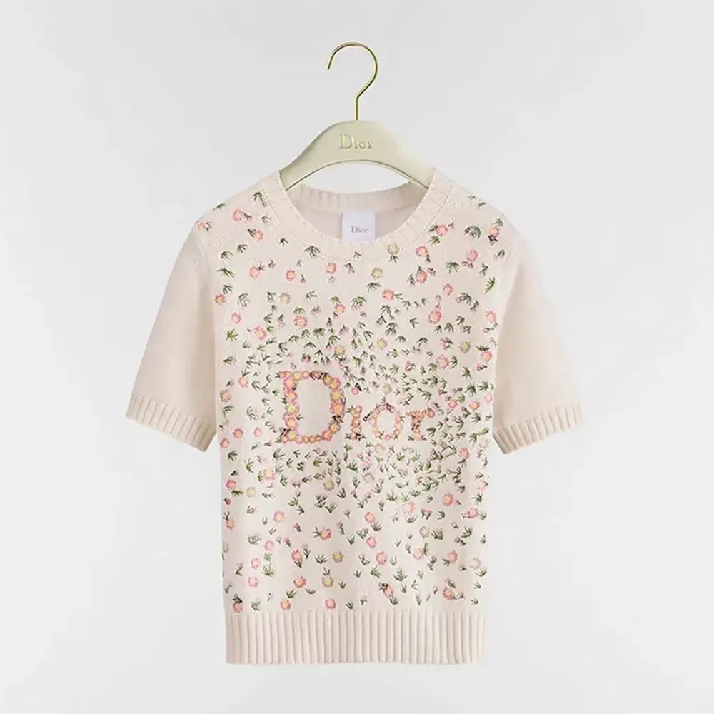 Dior Women Short-Sleeved Embroidered Sweater Multicolor Daisy Garden Cashmere Knit