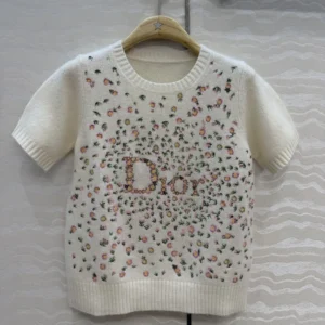Dior Women Short-Sleeved Embroidered Sweater Multicolor Daisy Garden Cashmere Knit