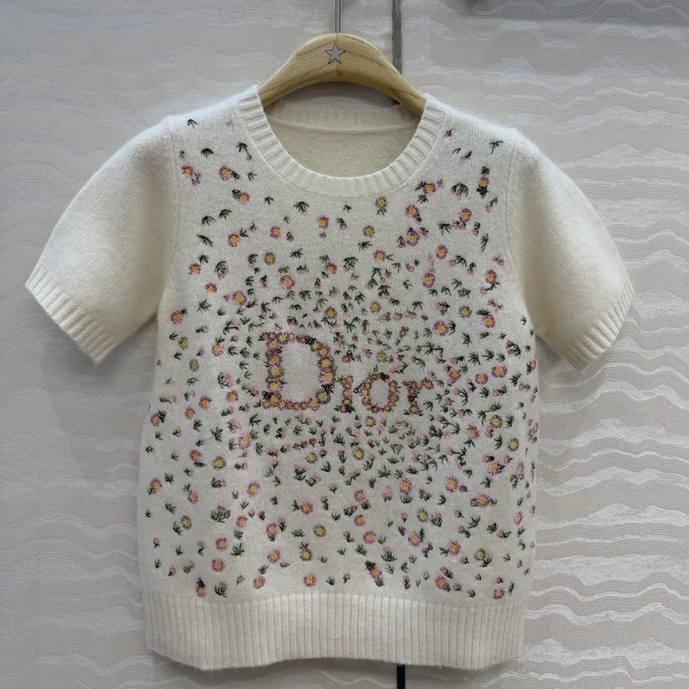 Dior Women Short-Sleeved Embroidered Sweater Multicolor Daisy Garden Cashmere Knit